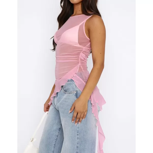 imageZESICA Womens 2024 Mesh Sheer Long Tank Tops Sexy See Through Asymmetrical Ruffle Layering Sleeveless ShirtsPink