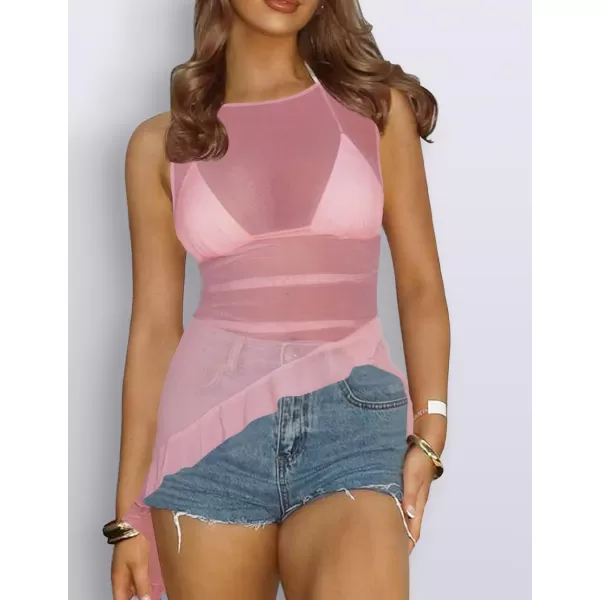 imageZESICA Womens 2024 Mesh Sheer Long Tank Tops Sexy See Through Asymmetrical Ruffle Layering Sleeveless ShirtsPink