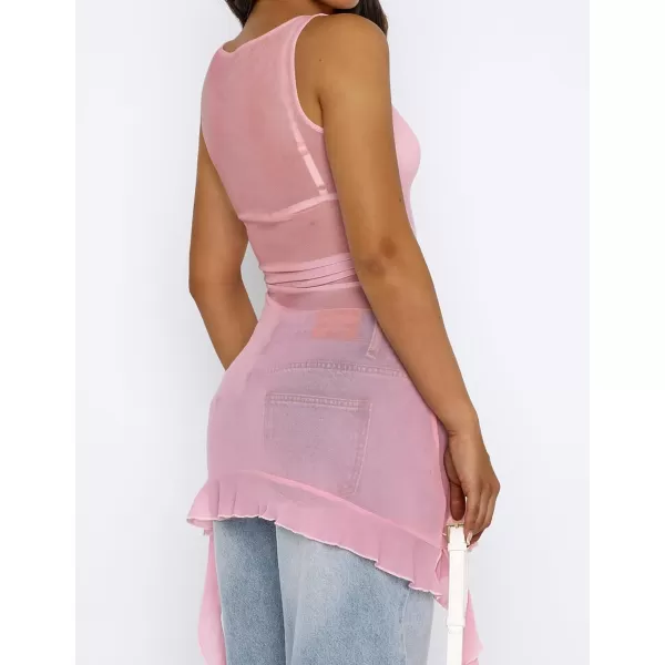 imageZESICA Womens 2024 Mesh Sheer Long Tank Tops Sexy See Through Asymmetrical Ruffle Layering Sleeveless ShirtsPink