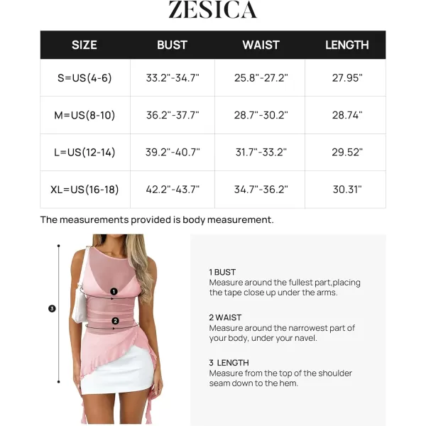 imageZESICA Womens 2024 Mesh Sheer Long Tank Tops Sexy See Through Asymmetrical Ruffle Layering Sleeveless ShirtsPink