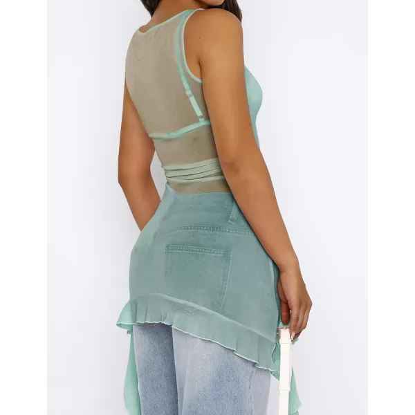 imageZESICA Womens 2024 Mesh Sheer Long Tank Tops Sexy See Through Asymmetrical Ruffle Layering Sleeveless ShirtsSage