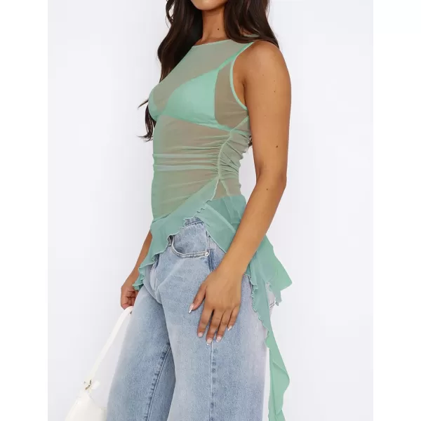 imageZESICA Womens 2024 Mesh Sheer Long Tank Tops Sexy See Through Asymmetrical Ruffle Layering Sleeveless ShirtsSage