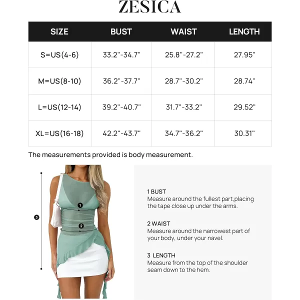 imageZESICA Womens 2024 Mesh Sheer Long Tank Tops Sexy See Through Asymmetrical Ruffle Layering Sleeveless ShirtsSage
