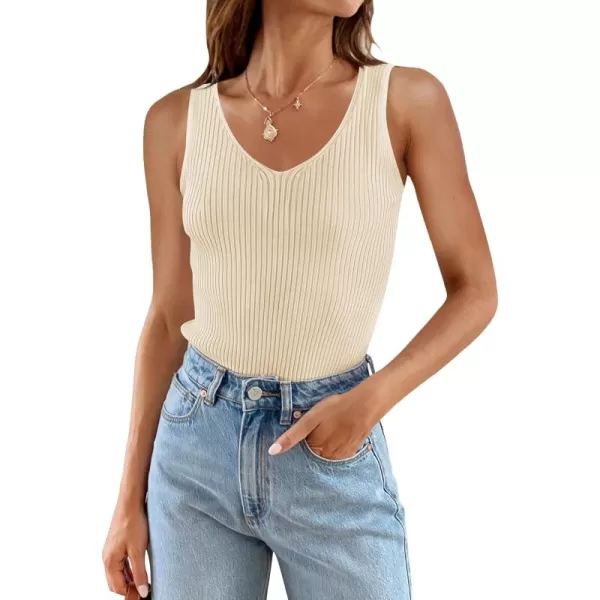 imageZESICA Womens 2024 Ribbed Tank Tops Summer Sleeveless V Neck Shirts Casual Sexy Slim Fitted Basic Knit TeesBeige