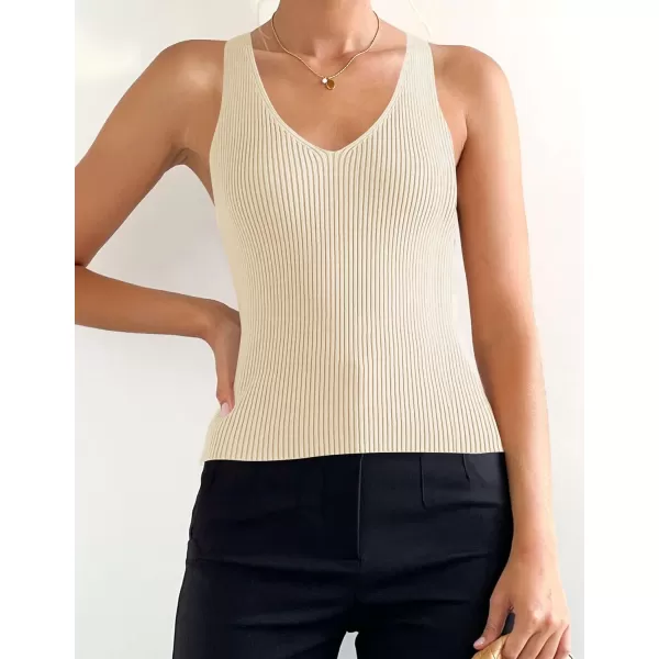 imageZESICA Womens 2024 Ribbed Tank Tops Summer Sleeveless V Neck Shirts Casual Sexy Slim Fitted Basic Knit TeesBeige