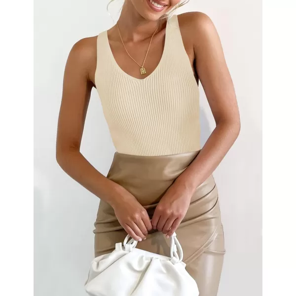 imageZESICA Womens 2024 Ribbed Tank Tops Summer Sleeveless V Neck Shirts Casual Sexy Slim Fitted Basic Knit TeesBeige