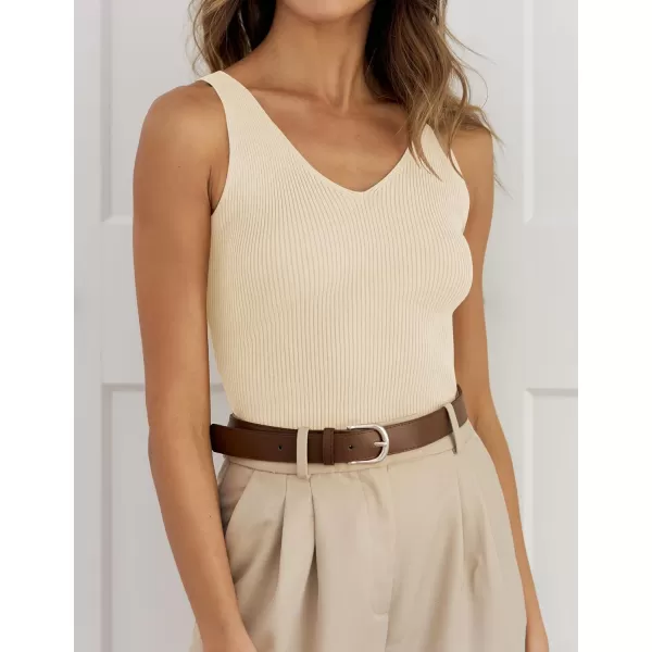 imageZESICA Womens 2024 Ribbed Tank Tops Summer Sleeveless V Neck Shirts Casual Sexy Slim Fitted Basic Knit TeesBeige