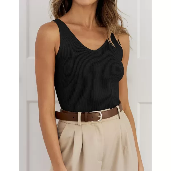 imageZESICA Womens 2024 Ribbed Tank Tops Summer Sleeveless V Neck Shirts Casual Sexy Slim Fitted Basic Knit TeesBlack