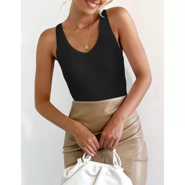 imageZESICA Womens 2024 Ribbed Tank Tops Summer Sleeveless V Neck Shirts Casual Sexy Slim Fitted Basic Knit TeesBlack