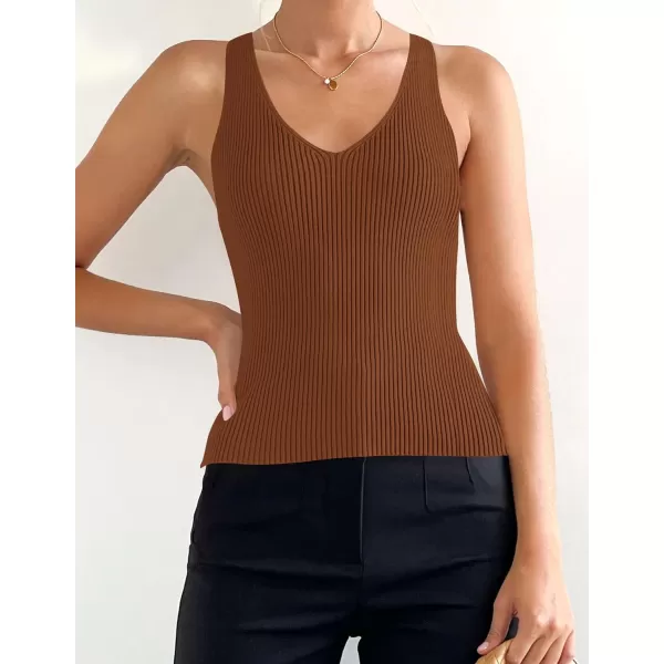 imageZESICA Womens 2024 Ribbed Tank Tops Summer Sleeveless V Neck Shirts Casual Sexy Slim Fitted Basic Knit TeesCaramel