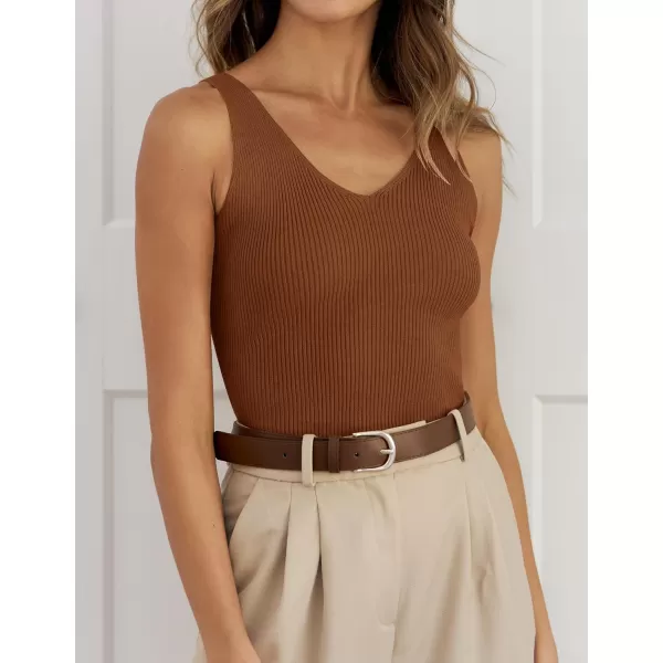 imageZESICA Womens 2024 Ribbed Tank Tops Summer Sleeveless V Neck Shirts Casual Sexy Slim Fitted Basic Knit TeesCaramel