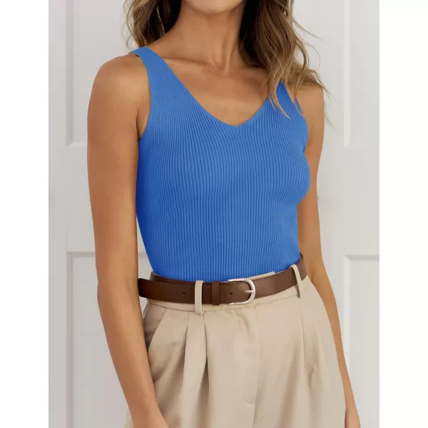 imageZESICA Womens 2024 Ribbed Tank Tops Summer Sleeveless V Neck Shirts Casual Sexy Slim Fitted Basic Knit TeesCobalt