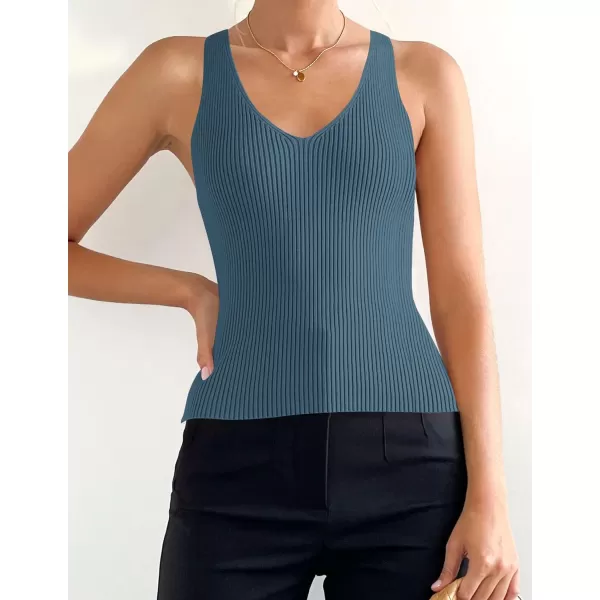 imageZESICA Womens 2024 Ribbed Tank Tops Summer Sleeveless V Neck Shirts Casual Sexy Slim Fitted Basic Knit TeesDarkblue
