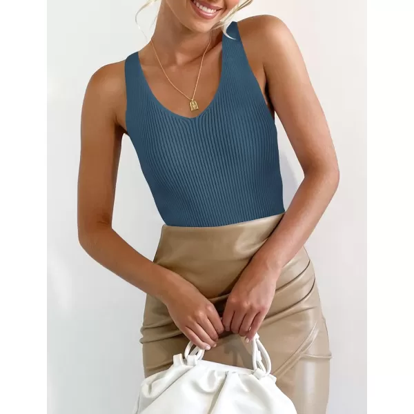 imageZESICA Womens 2024 Ribbed Tank Tops Summer Sleeveless V Neck Shirts Casual Sexy Slim Fitted Basic Knit TeesDarkblue
