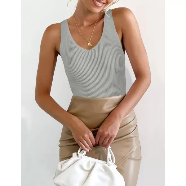 imageZESICA Womens 2024 Ribbed Tank Tops Summer Sleeveless V Neck Shirts Casual Sexy Slim Fitted Basic Knit TeesGrey