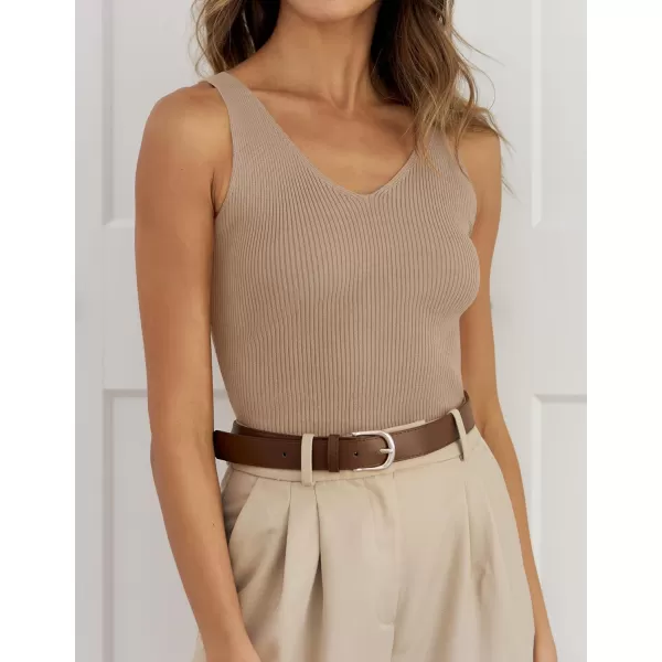 imageZESICA Womens 2024 Ribbed Tank Tops Summer Sleeveless V Neck Shirts Casual Sexy Slim Fitted Basic Knit TeesKhaki