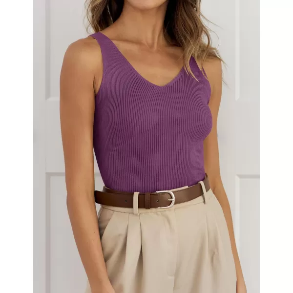 imageZESICA Womens 2024 Ribbed Tank Tops Summer Sleeveless V Neck Shirts Casual Sexy Slim Fitted Basic Knit TeesPurple