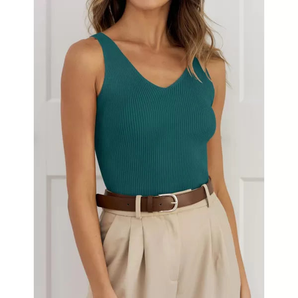 imageZESICA Womens 2024 Ribbed Tank Tops Summer Sleeveless V Neck Shirts Casual Sexy Slim Fitted Basic Knit TeesTeal