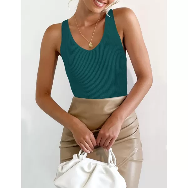 imageZESICA Womens 2024 Ribbed Tank Tops Summer Sleeveless V Neck Shirts Casual Sexy Slim Fitted Basic Knit TeesTeal