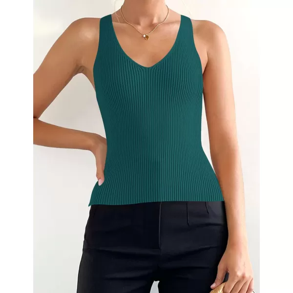 imageZESICA Womens 2024 Ribbed Tank Tops Summer Sleeveless V Neck Shirts Casual Sexy Slim Fitted Basic Knit TeesTeal