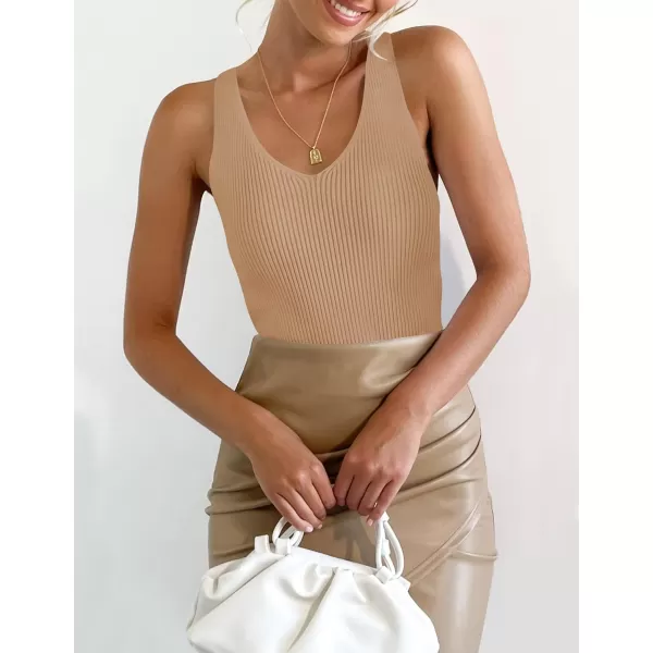 imageZESICA Womens 2024 Ribbed Tank Tops Summer Sleeveless V Neck Shirts Casual Sexy Slim Fitted Basic Knit TeesToffee