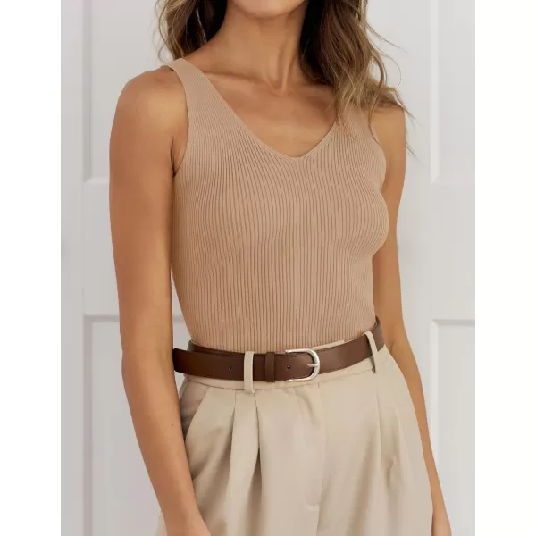 imageZESICA Womens 2024 Ribbed Tank Tops Summer Sleeveless V Neck Shirts Casual Sexy Slim Fitted Basic Knit TeesToffee
