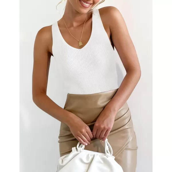 imageZESICA Womens 2024 Ribbed Tank Tops Summer Sleeveless V Neck Shirts Casual Sexy Slim Fitted Basic Knit TeesWhite