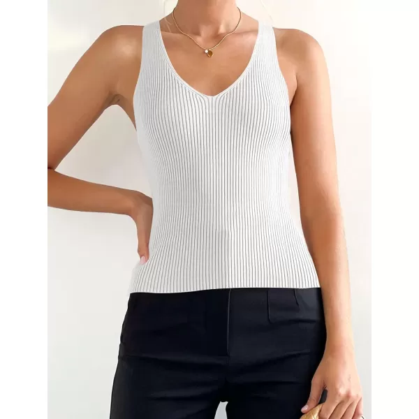 imageZESICA Womens 2024 Ribbed Tank Tops Summer Sleeveless V Neck Shirts Casual Sexy Slim Fitted Basic Knit TeesWhite