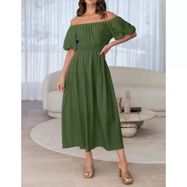 imageZESICA Womens 2024 Sexy Boho Off Shoulder Puff Short Sleeve High Waist Ruffled Flowy A Line Beach Party Midi DressArmygreen