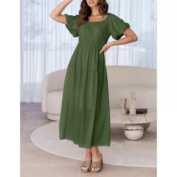 imageZESICA Womens 2024 Sexy Boho Off Shoulder Puff Short Sleeve High Waist Ruffled Flowy A Line Beach Party Midi DressArmygreen
