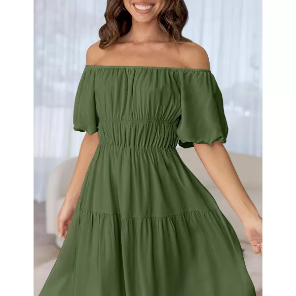 imageZESICA Womens 2024 Sexy Boho Off Shoulder Puff Short Sleeve High Waist Ruffled Flowy A Line Beach Party Midi DressArmygreen