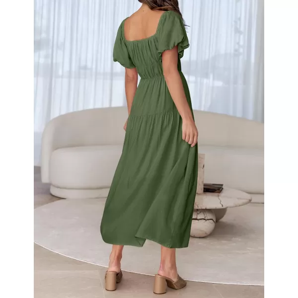 imageZESICA Womens 2024 Sexy Boho Off Shoulder Puff Short Sleeve High Waist Ruffled Flowy A Line Beach Party Midi DressArmygreen