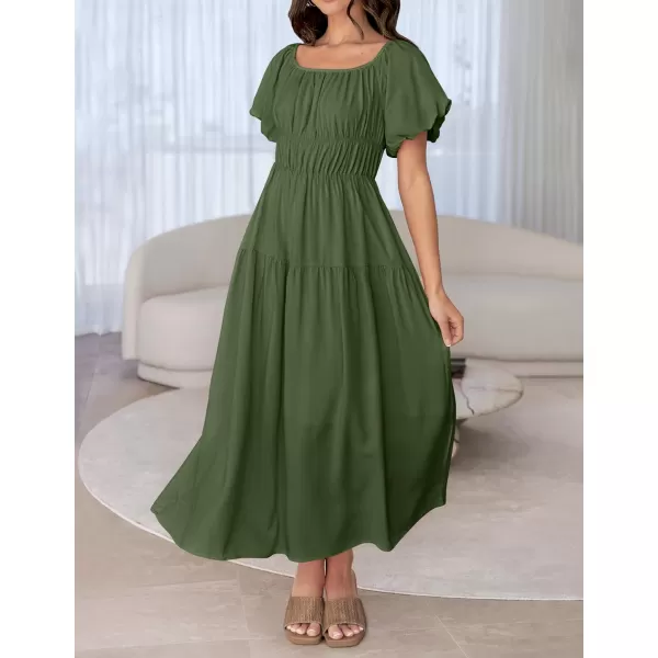 imageZESICA Womens 2024 Sexy Boho Off Shoulder Puff Short Sleeve High Waist Ruffled Flowy A Line Beach Party Midi DressArmygreen