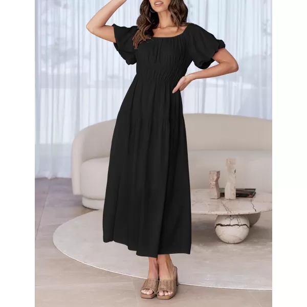 imageZESICA Womens 2024 Sexy Boho Off Shoulder Puff Short Sleeve High Waist Ruffled Flowy A Line Beach Party Midi DressBlack
