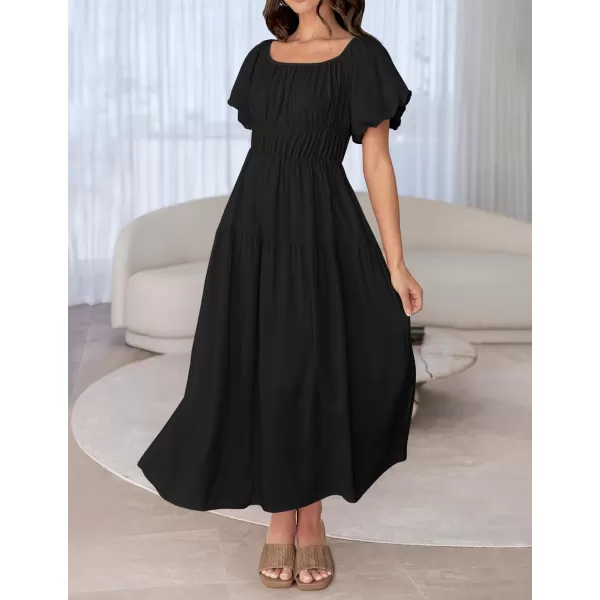 imageZESICA Womens 2024 Sexy Boho Off Shoulder Puff Short Sleeve High Waist Ruffled Flowy A Line Beach Party Midi DressBlack