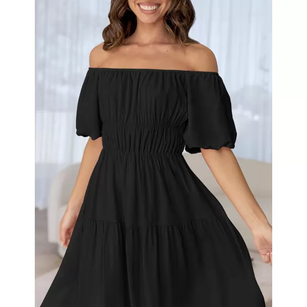 imageZESICA Womens 2024 Sexy Boho Off Shoulder Puff Short Sleeve High Waist Ruffled Flowy A Line Beach Party Midi DressBlack