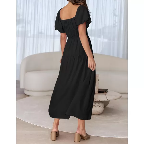 imageZESICA Womens 2024 Sexy Boho Off Shoulder Puff Short Sleeve High Waist Ruffled Flowy A Line Beach Party Midi DressBlack