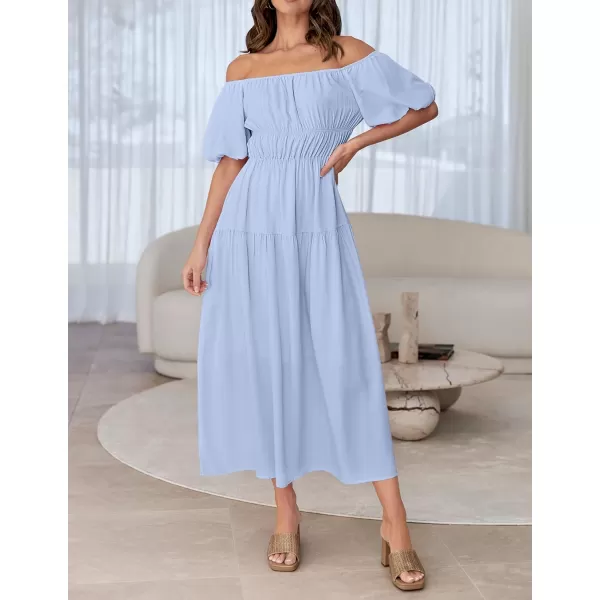 imageZESICA Womens 2024 Sexy Boho Off Shoulder Puff Short Sleeve High Waist Ruffled Flowy A Line Beach Party Midi DressBlue