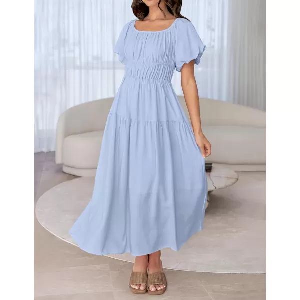 imageZESICA Womens 2024 Sexy Boho Off Shoulder Puff Short Sleeve High Waist Ruffled Flowy A Line Beach Party Midi DressBlue
