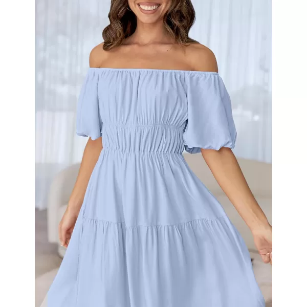 imageZESICA Womens 2024 Sexy Boho Off Shoulder Puff Short Sleeve High Waist Ruffled Flowy A Line Beach Party Midi DressBlue