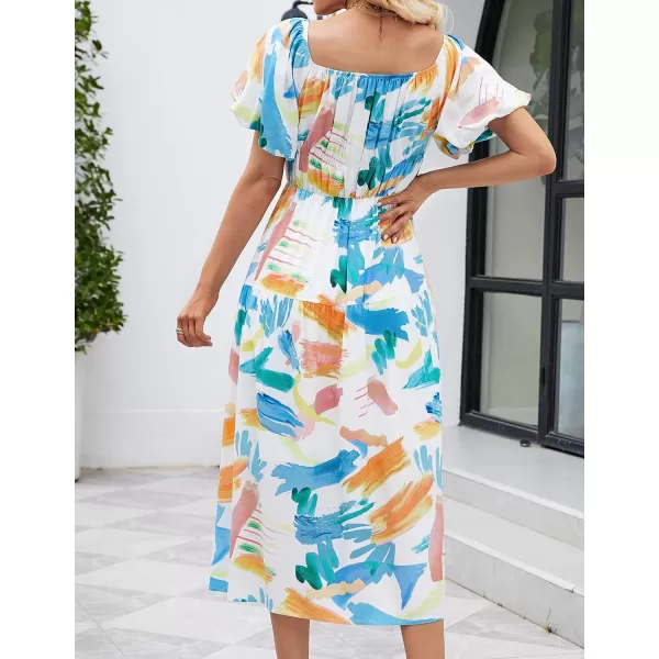imageZESICA Womens 2024 Sexy Boho Off Shoulder Puff Short Sleeve High Waist Ruffled Flowy A Line Beach Party Midi DressContrastwhite