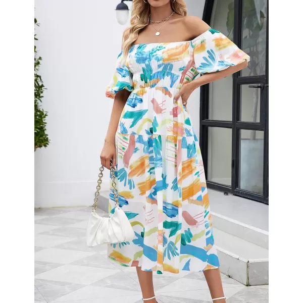 imageZESICA Womens 2024 Sexy Boho Off Shoulder Puff Short Sleeve High Waist Ruffled Flowy A Line Beach Party Midi DressContrastwhite