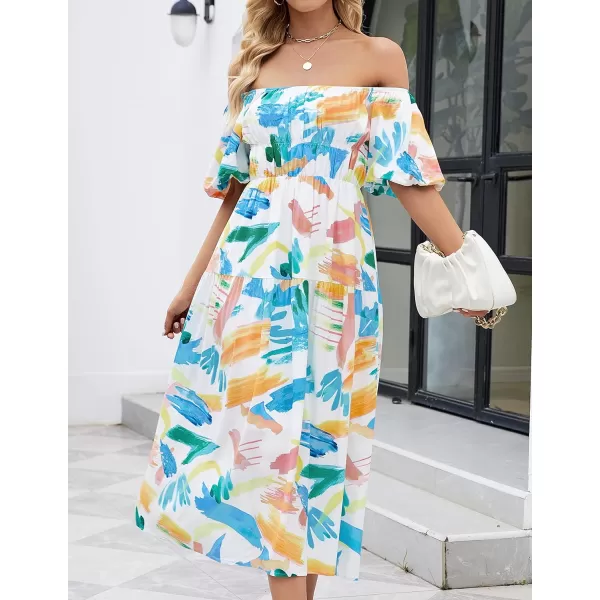imageZESICA Womens 2024 Sexy Boho Off Shoulder Puff Short Sleeve High Waist Ruffled Flowy A Line Beach Party Midi DressContrastwhite
