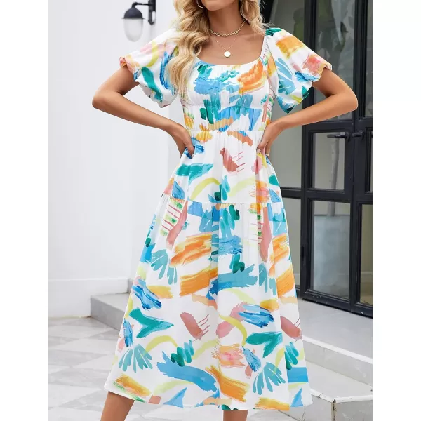 imageZESICA Womens 2024 Sexy Boho Off Shoulder Puff Short Sleeve High Waist Ruffled Flowy A Line Beach Party Midi DressContrastwhite