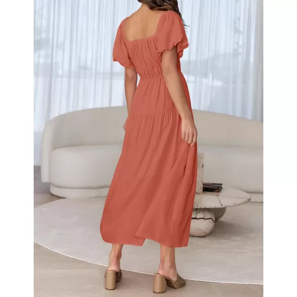 imageZESICA Womens 2024 Sexy Boho Off Shoulder Puff Short Sleeve High Waist Ruffled Flowy A Line Beach Party Midi DressCoral