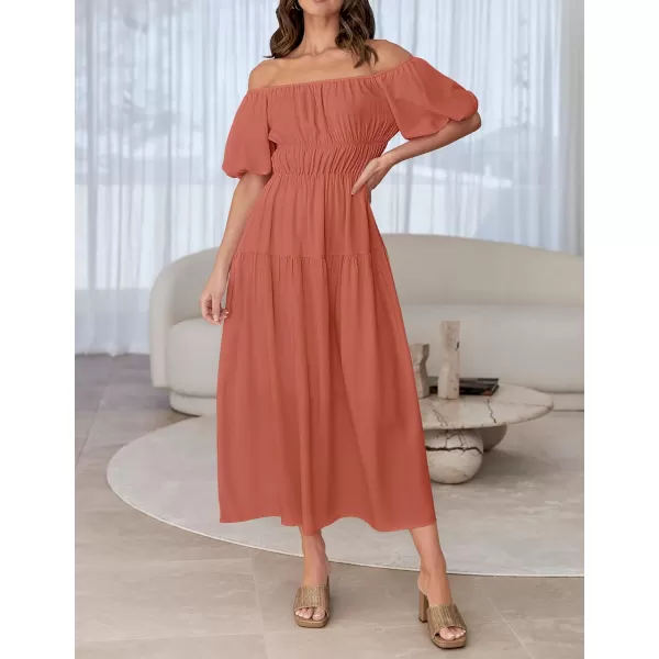 imageZESICA Womens 2024 Sexy Boho Off Shoulder Puff Short Sleeve High Waist Ruffled Flowy A Line Beach Party Midi DressCoral