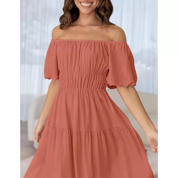 imageZESICA Womens 2024 Sexy Boho Off Shoulder Puff Short Sleeve High Waist Ruffled Flowy A Line Beach Party Midi DressCoral