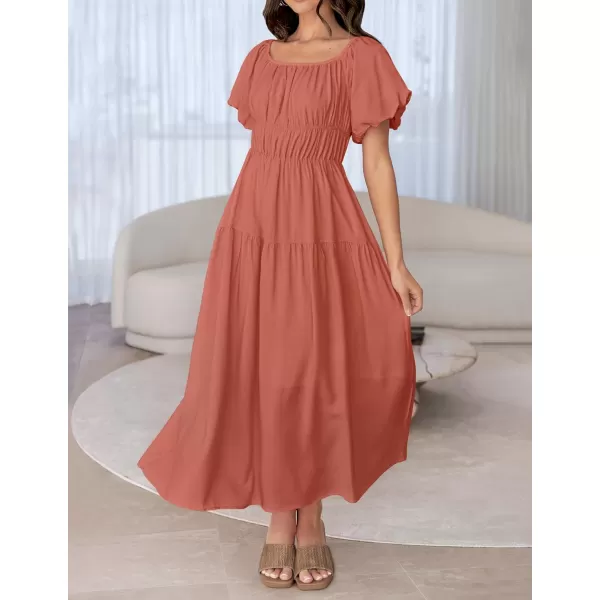 imageZESICA Womens 2024 Sexy Boho Off Shoulder Puff Short Sleeve High Waist Ruffled Flowy A Line Beach Party Midi DressCoral