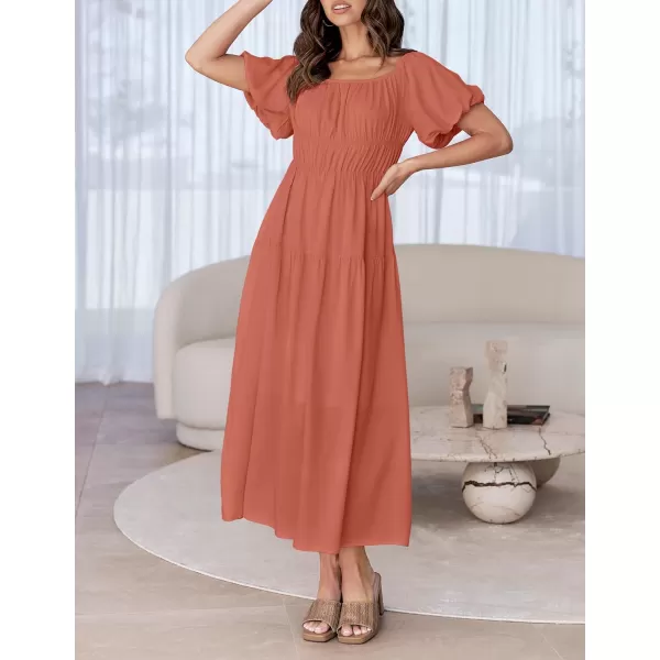 imageZESICA Womens 2024 Sexy Boho Off Shoulder Puff Short Sleeve High Waist Ruffled Flowy A Line Beach Party Midi DressCoral