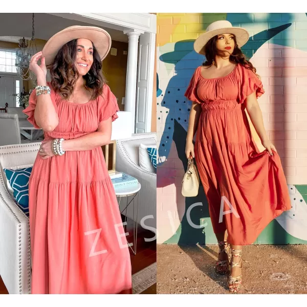 imageZESICA Womens 2024 Sexy Boho Off Shoulder Puff Short Sleeve High Waist Ruffled Flowy A Line Beach Party Midi DressCoral